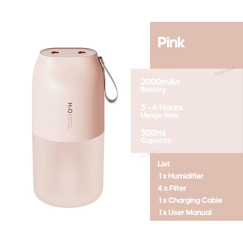 Portable Double Mist Air Humidifier 300Ml Cold Mist Diffuser 2000Mah Car Air Purifier USB Mini Air Freshener
