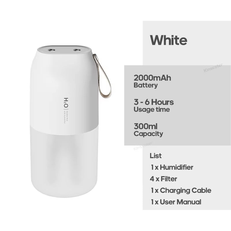 Portable Double Mist Air Humidifier 300Ml Cold Mist Diffuser 2000Mah Car Air Purifier USB Mini Air Freshener